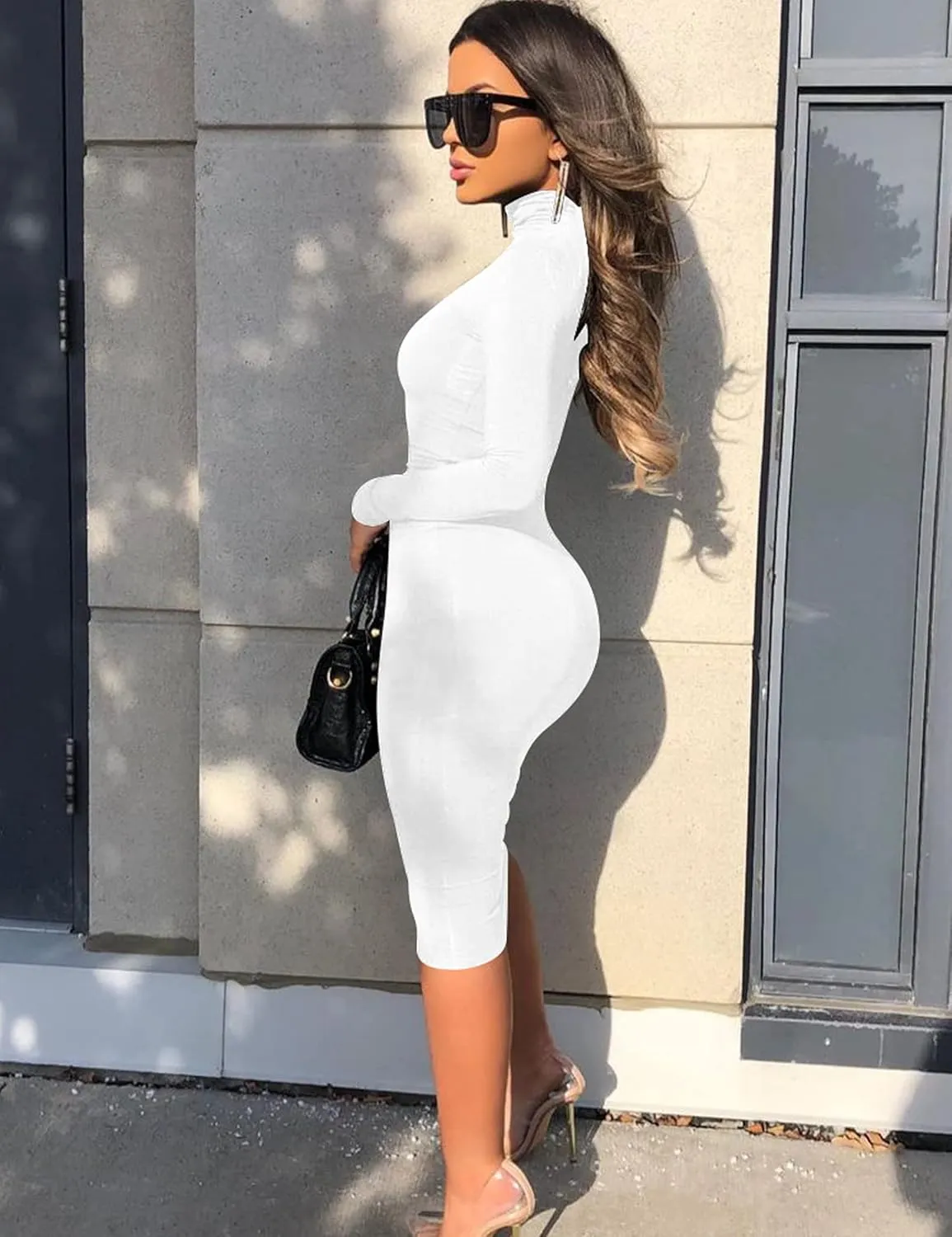 Women's Casual Long Sleeve Bodycon Sexy Turtleneck Midi Club Party Pencil Dresses
