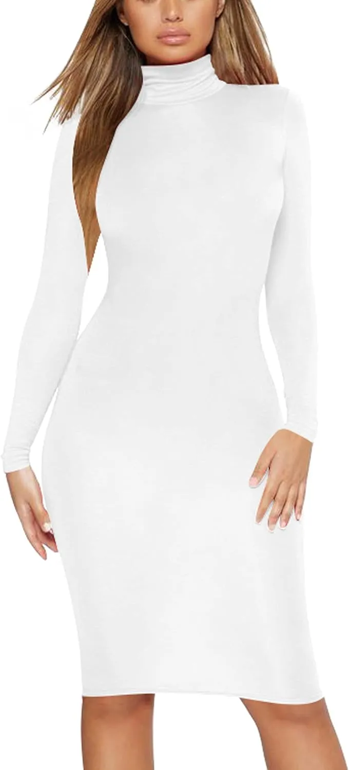 Women's Casual Long Sleeve Bodycon Sexy Turtleneck Midi Club Party Pencil Dresses