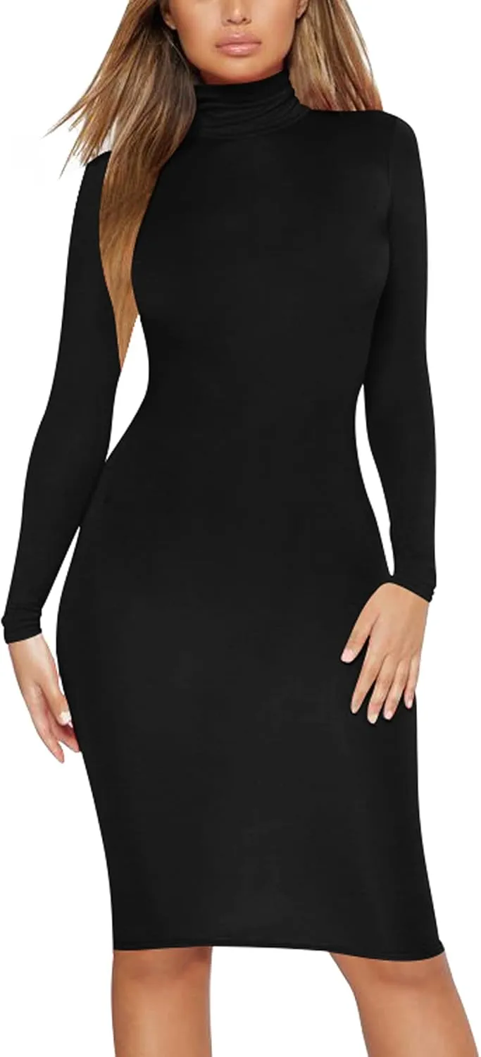Women's Casual Long Sleeve Bodycon Sexy Turtleneck Midi Club Party Pencil Dresses