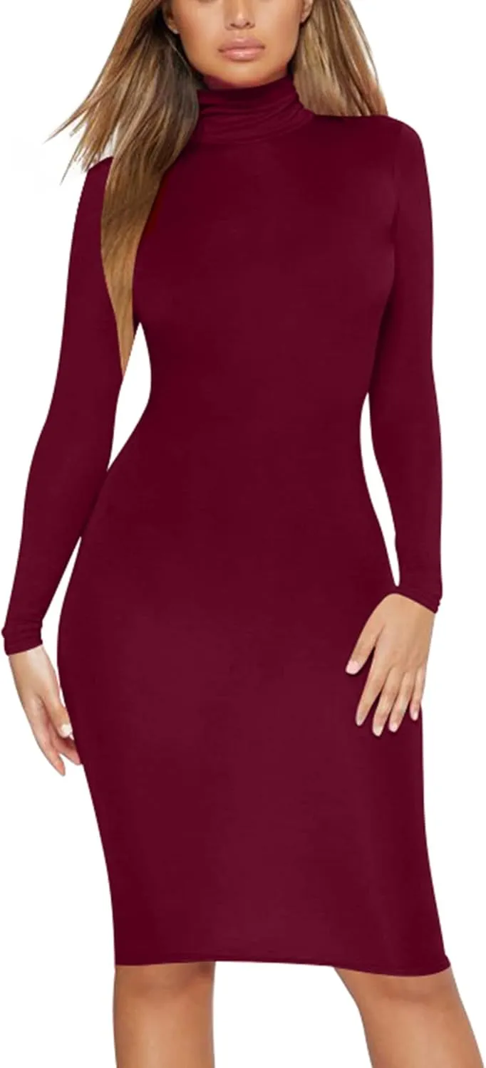 Women's Casual Long Sleeve Bodycon Sexy Turtleneck Midi Club Party Pencil Dresses