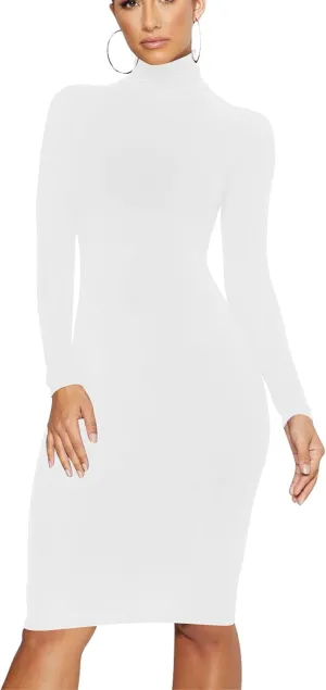 Women's Casual Long Sleeve Bodycon Sexy Turtleneck Midi Club Party Pencil Dresses