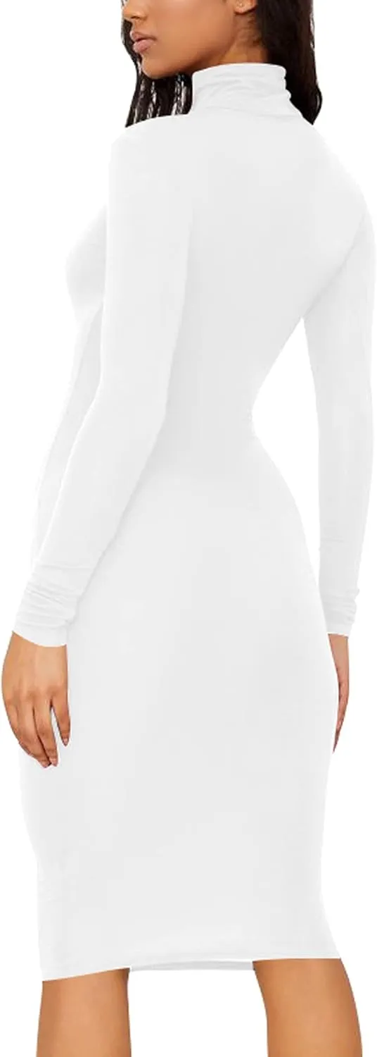 Women's Casual Long Sleeve Bodycon Sexy Turtleneck Midi Club Party Pencil Dresses