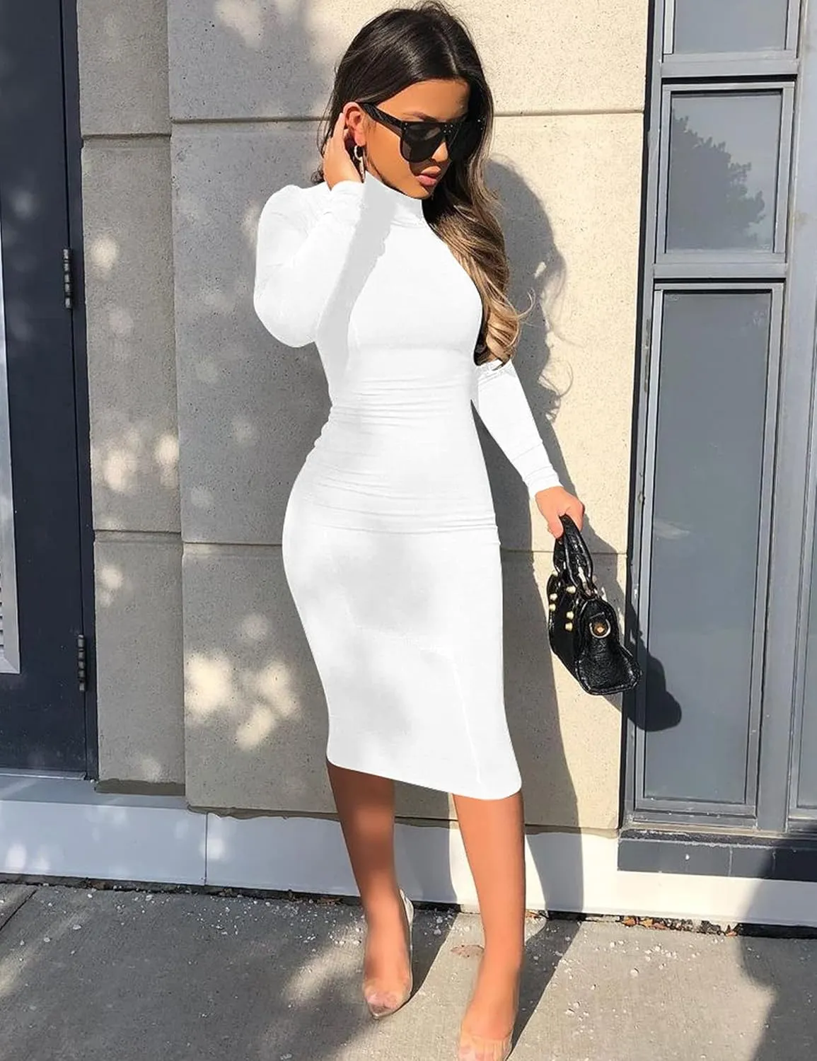 Women's Casual Long Sleeve Bodycon Sexy Turtleneck Midi Club Party Pencil Dresses