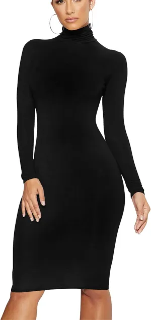 Women's Casual Long Sleeve Bodycon Sexy Turtleneck Midi Club Party Pencil Dresses