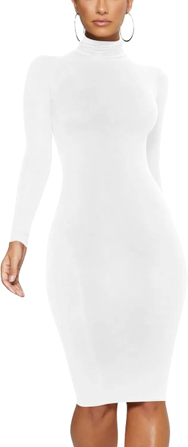 Women's Casual Long Sleeve Bodycon Sexy Turtleneck Midi Club Party Pencil Dresses