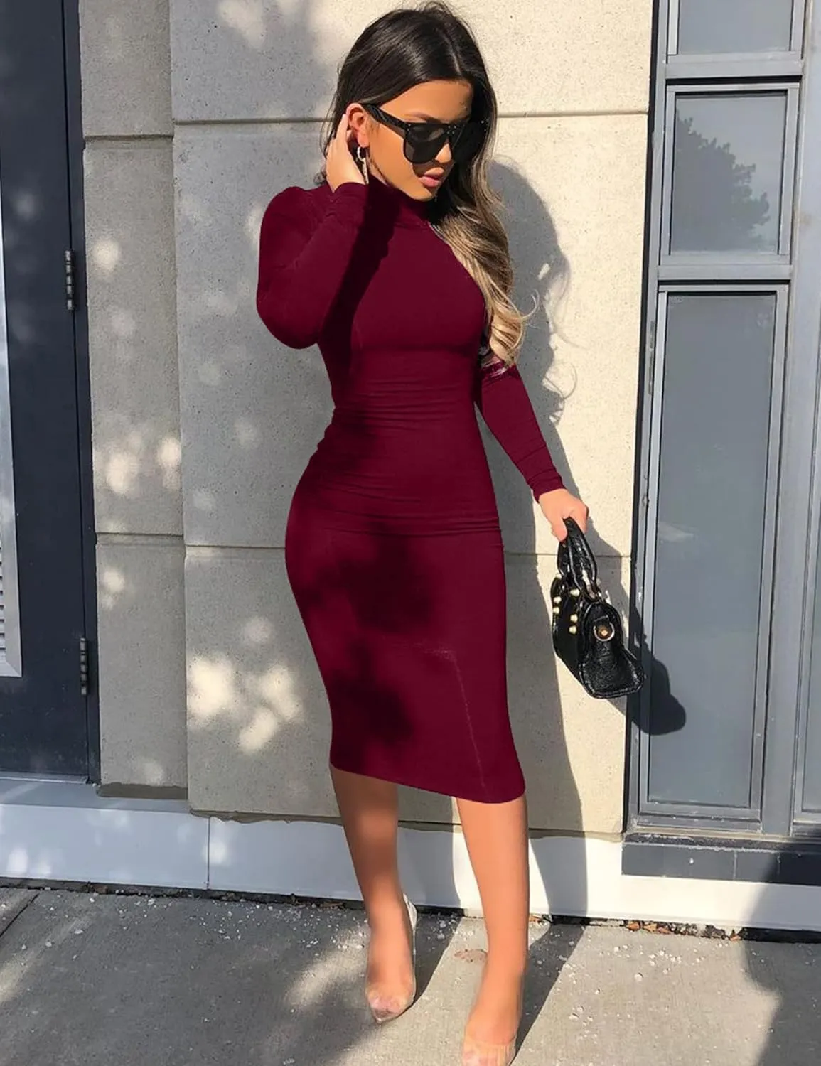 Women's Casual Long Sleeve Bodycon Sexy Turtleneck Midi Club Party Pencil Dresses