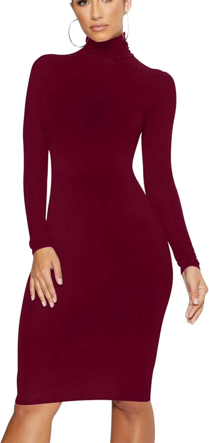 Women's Casual Long Sleeve Bodycon Sexy Turtleneck Midi Club Party Pencil Dresses