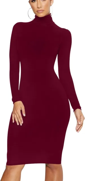 Women's Casual Long Sleeve Bodycon Sexy Turtleneck Midi Club Party Pencil Dresses