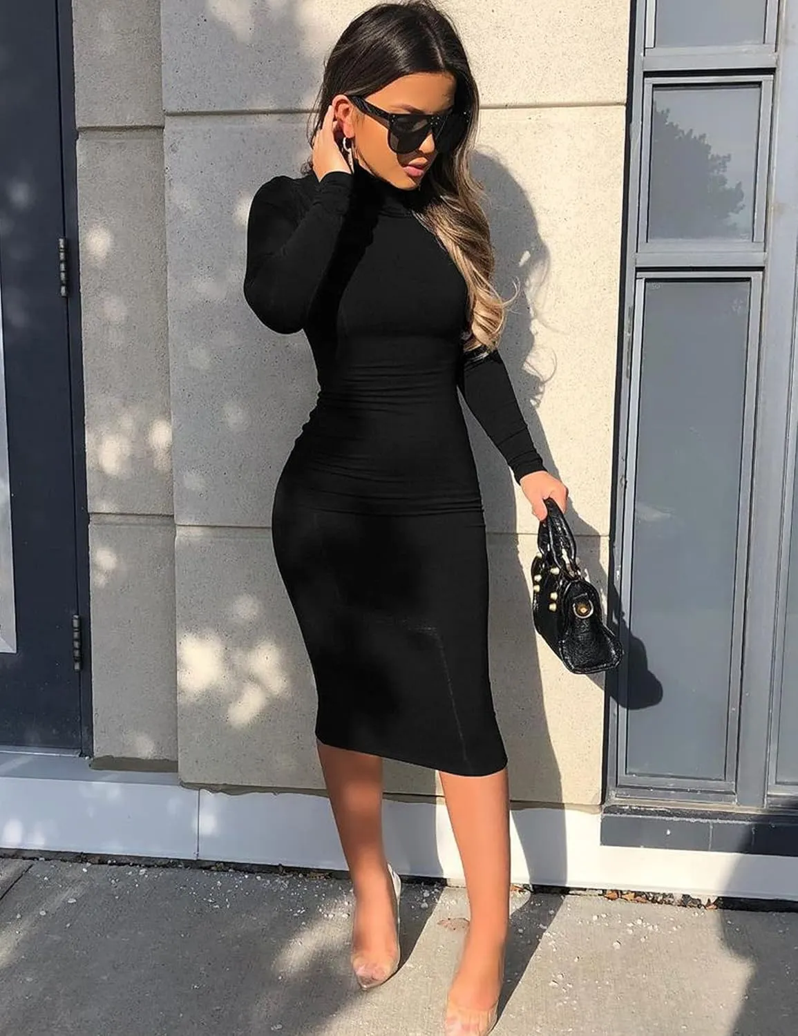 Women's Casual Long Sleeve Bodycon Sexy Turtleneck Midi Club Party Pencil Dresses