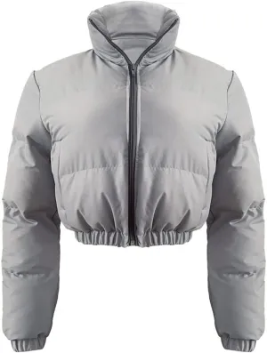 Women's Cropped Puffer Jacket Women Winter Shiny Zip Up Short Bubble Puffy Coats with pockets for women