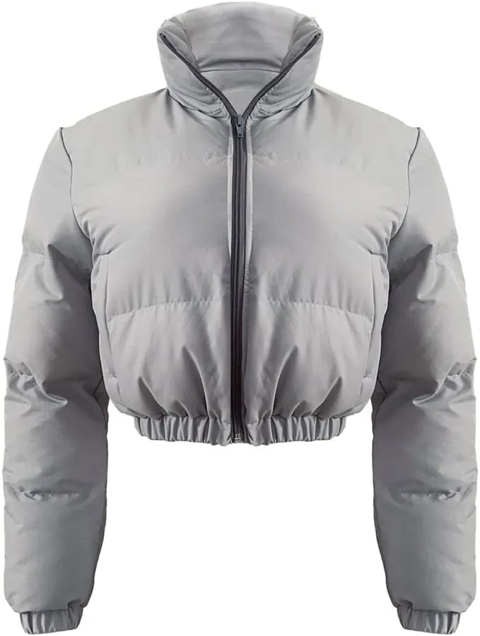 Women's Cropped Puffer Jacket Women Winter Shiny Zip Up Short Bubble Puffy Coats with pockets for women