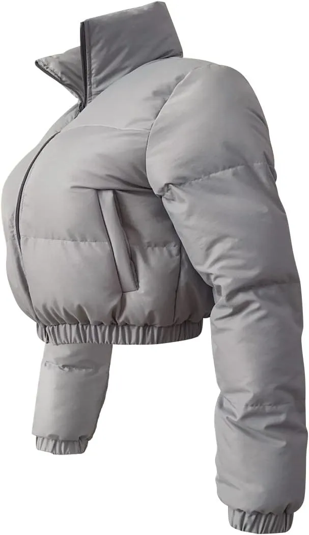 Women's Cropped Puffer Jacket Women Winter Shiny Zip Up Short Bubble Puffy Coats with pockets for women