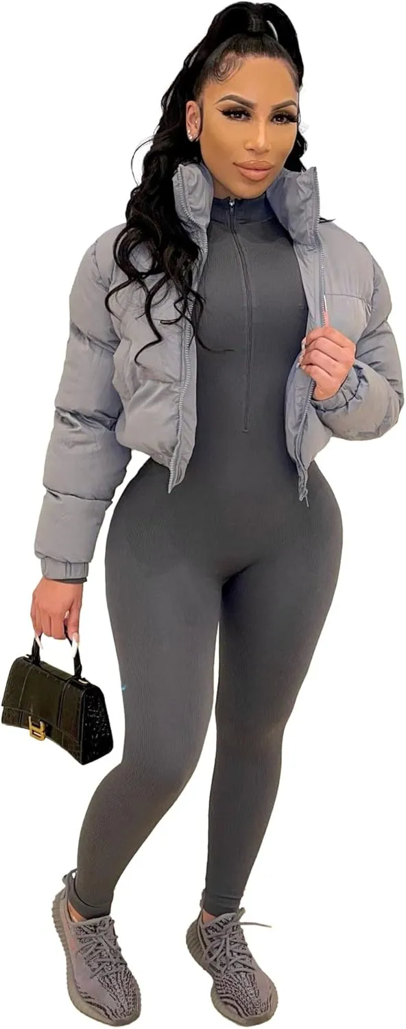 Women's Cropped Puffer Jacket Women Winter Shiny Zip Up Short Bubble Puffy Coats with pockets for women