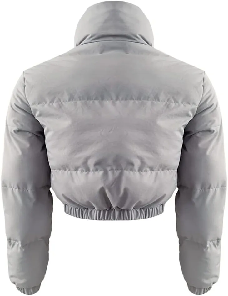 Women's Cropped Puffer Jacket Women Winter Shiny Zip Up Short Bubble Puffy Coats with pockets for women