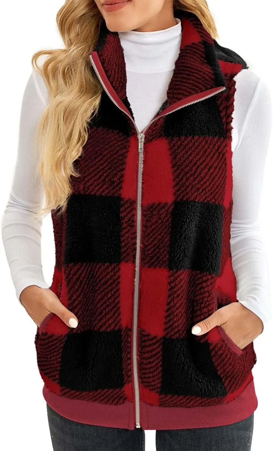 Womens Fashion Plaid Fleece Vest Casual Fuzzy Sleeveless Fuzzy Sherpa Vest Fluffy Zipper Jacket Warm Outerwear