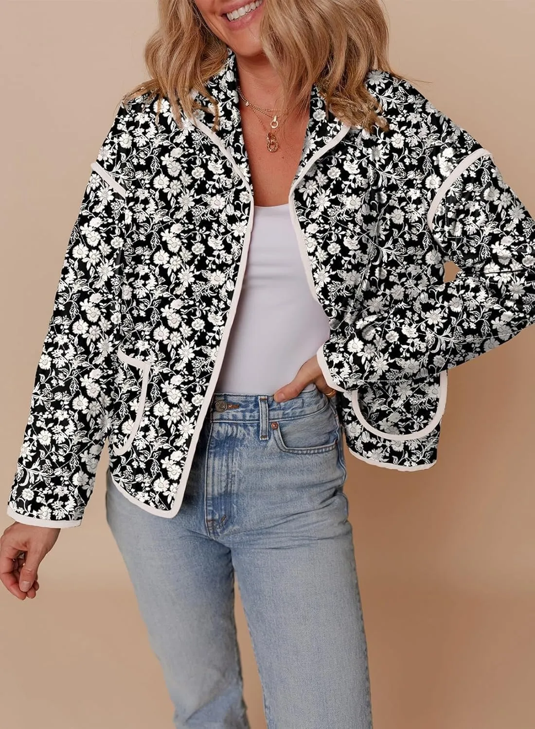 Womens Floral Quilted Jackets Lightweight Cropped Button Down Padded Puffer Jacket Winter Warm Coats