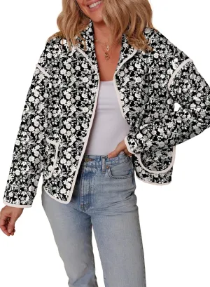 Womens Floral Quilted Jackets Lightweight Cropped Button Down Padded Puffer Jacket Winter Warm Coats