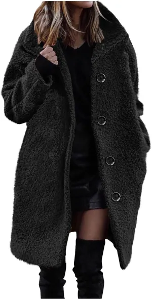 Women's Fuzzy Fleece Lapel Open Front Long Cardigan Coat Faux Fur Warm Winter Outwear Jackets Thick Loose Coats