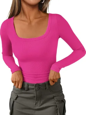 Womens Long Sleeve Square Neck Shirts Ribbed Knit Fitted Tight Tops Cute Undershirt Blouses