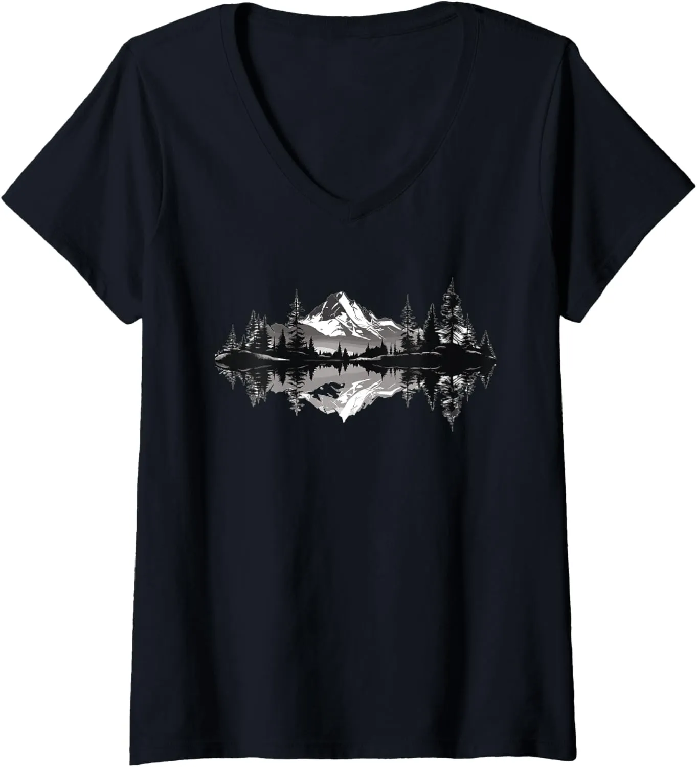 Womens Mountain Landscape Reflection Forest Trees Outdoor Wildlife V-Neck T-Shirt