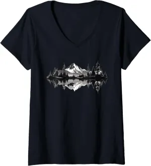 Womens Mountain Landscape Reflection Forest Trees Outdoor Wildlife V-Neck T-Shirt
