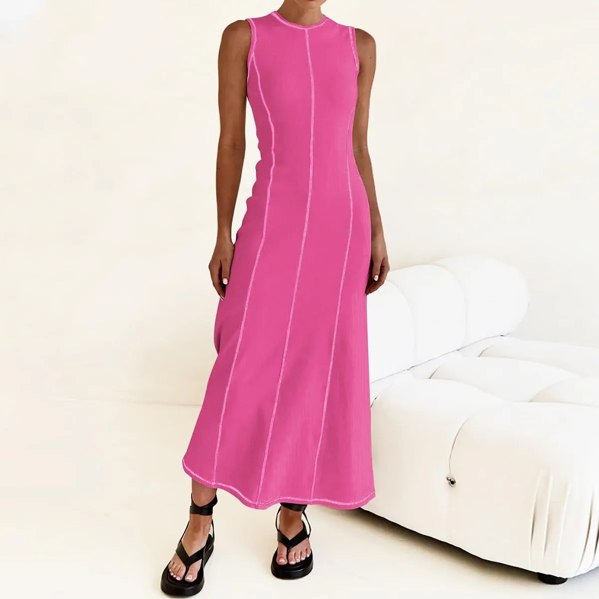 Womens Sleeveless T Shirt Dress Ribbed Knit Long Tank Dress Summer Y2K Maxi Dresses