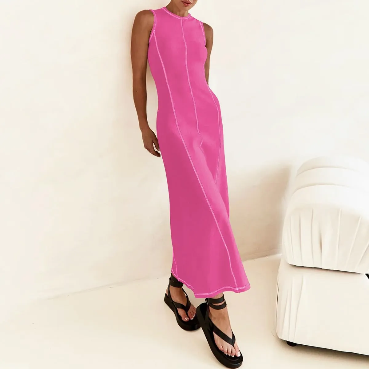 Womens Sleeveless T Shirt Dress Ribbed Knit Long Tank Dress Summer Y2K Maxi Dresses