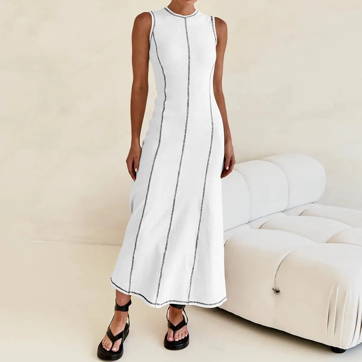 Womens Sleeveless T Shirt Dress Ribbed Knit Long Tank Dress Summer Y2K Maxi Dresses