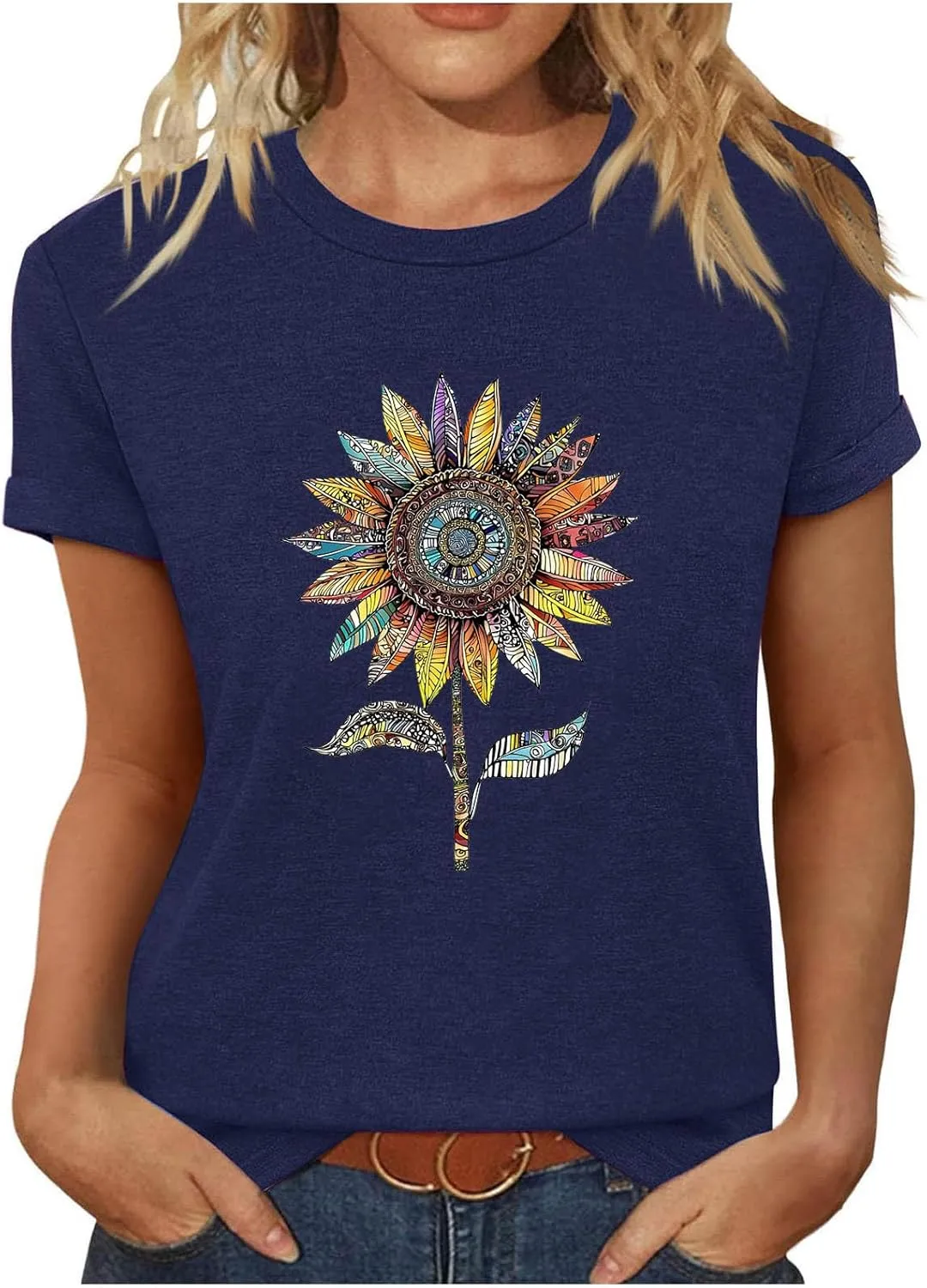 Womens Sunflowers Pattern T Shirts Boho Wildflower Graphic Short Sleeve Blouses Summer Casual Aesthetic Tunic Tee Tops