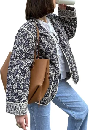 Yimoon Quilted Jackets for Women Reversible Floral Print Open Front Lightweight Cropped Puffer Jacket Outwear