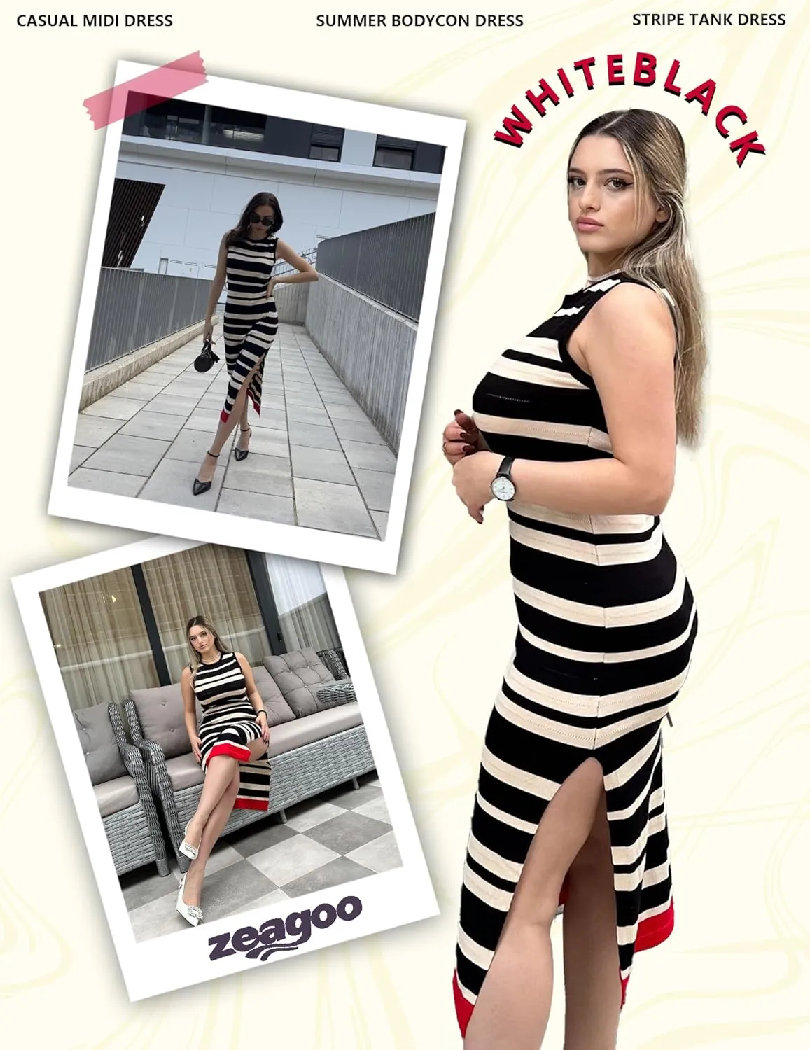 Zeagoo Womens Bodycon Midi Dresses Summer Casual Sleeveless Dress Women Knit Side Slit Striped 2025 Long Tank Dress